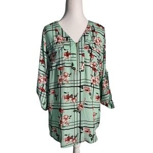 WishFull Park Women's Floral Cool Green Plaid Blouse Size L